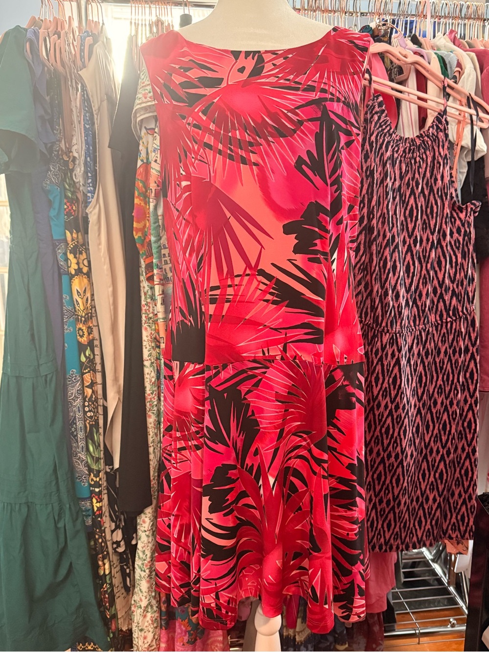 Dress Barn Red and Black Tropical-Print Sleeveless A-Line Dress